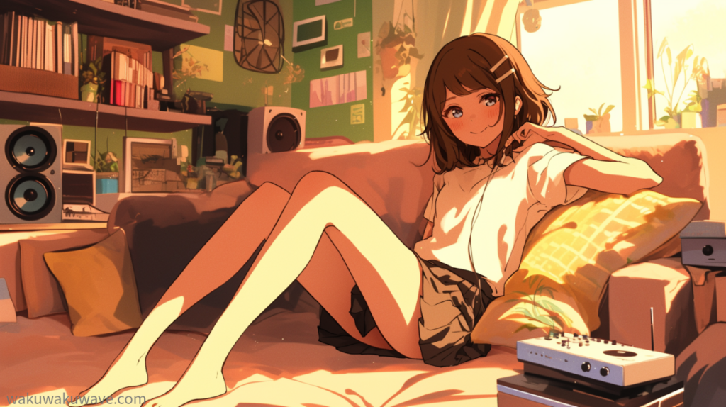 illust-A girl listening to music on the sofa