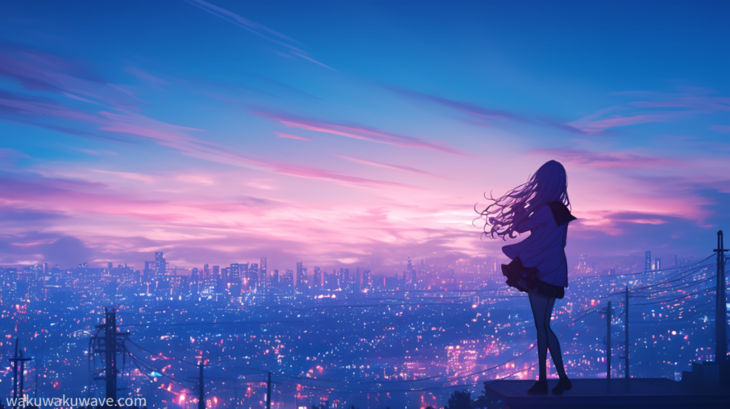 illust-A girl looking at the night view from a high vantage point