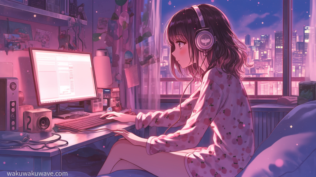 illust-A girl in pajamas looking at a computer