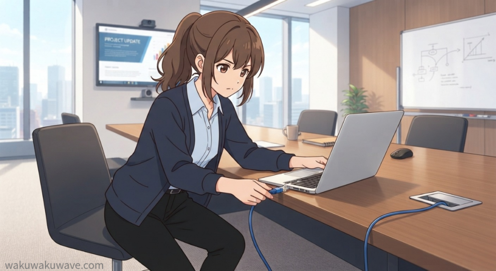 illust-A woman connecting a LAN cable to a computer
