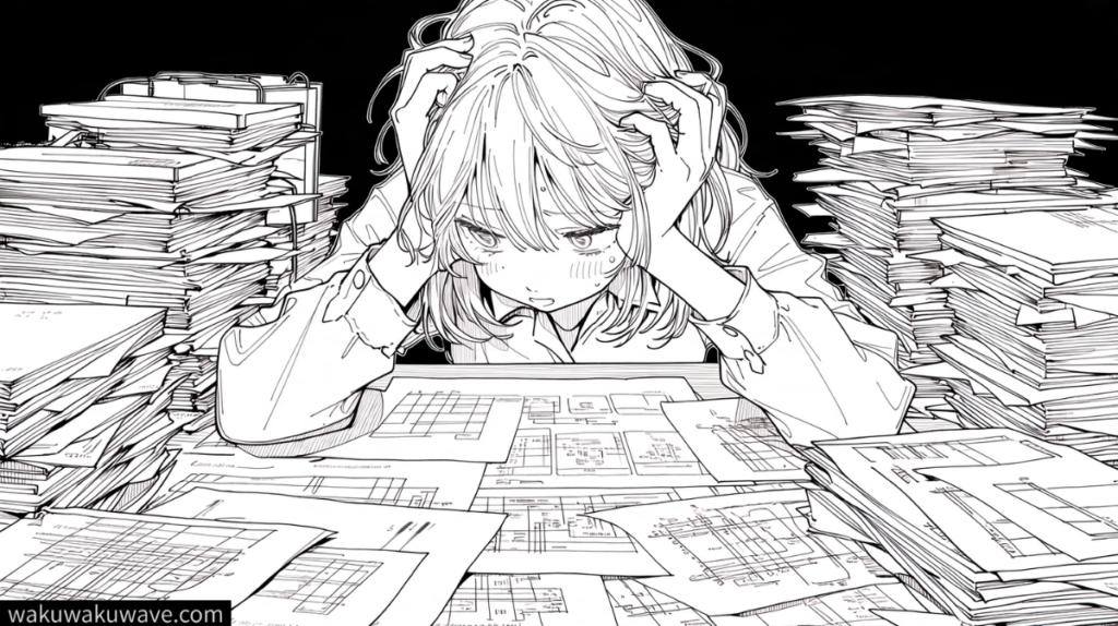 illust-A woman struggling with a pile of unorganized documents